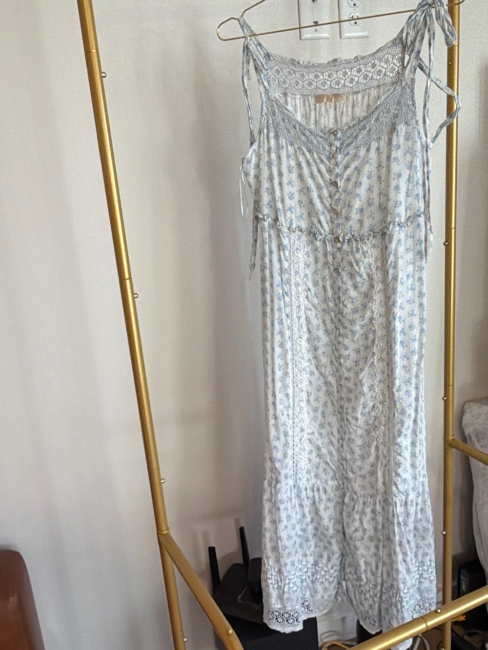 LoveShackFancy Pale Blue Floral Lace-Trim Maxi Dress